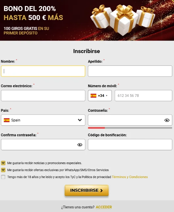 Registro en Unique Casino con bono de bienvenida del 200% y 100 giros gratis Formulario de registro de Unique Casino con bono de bienvenida del 200% hasta 500 € más 100 giros gratis en el primer depósito