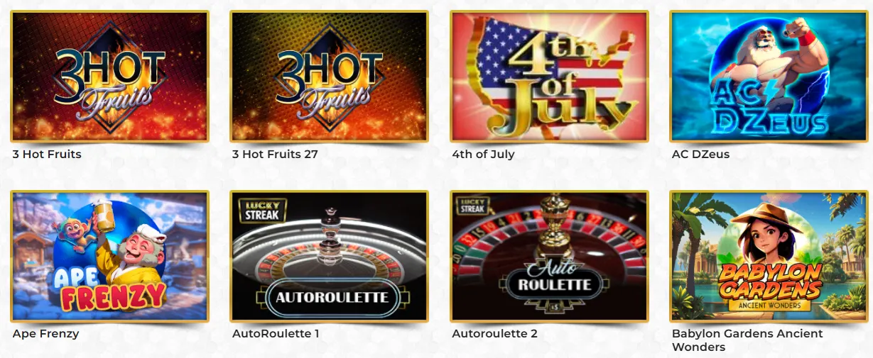 Slots y juegos de ruleta disponibles en Unique Casino Selección de juegos de Unique Casino con slots como 3 Hot Fruits, 4th of July, AC DZeus y Ape Frenzy, además de juegos de ruleta en vivo