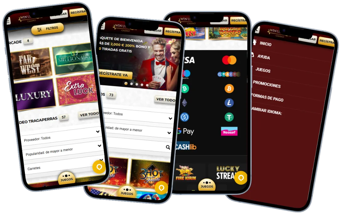 Unique Casino en dispositivos móviles: juegos, pagos y navegación Versión móvil de Unique Casino con juegos de casino, promociones, métodos de pago, criptomonedas y menú de navegación en smartphones